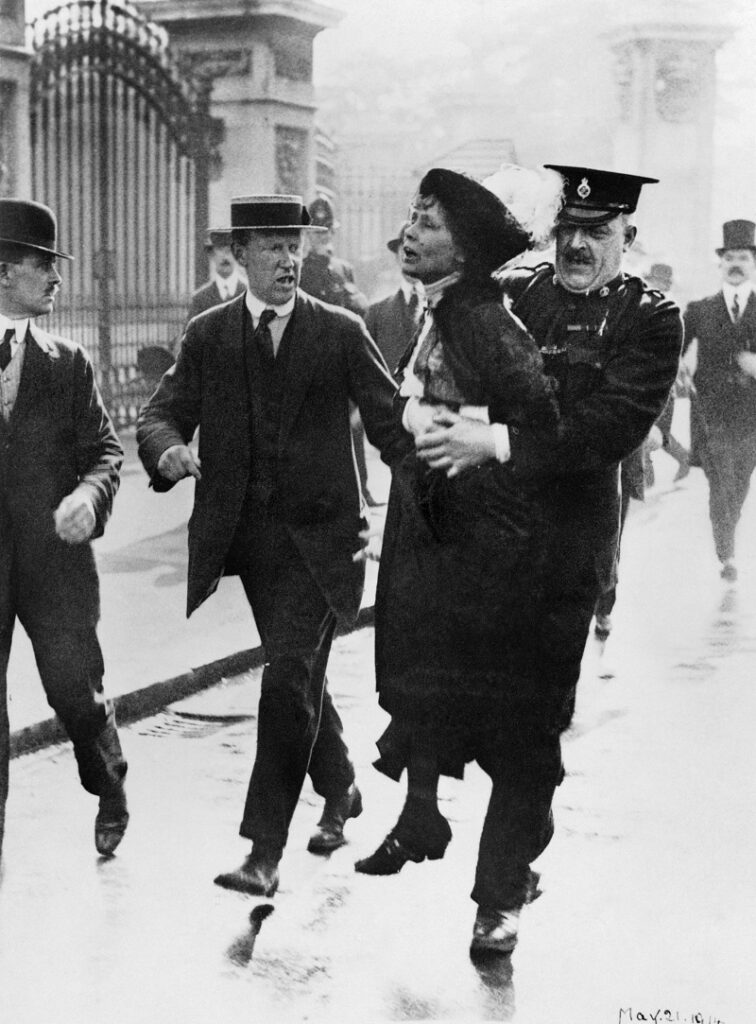 1914, Emmeline Pankhurst arrested outside Buckingham Palace