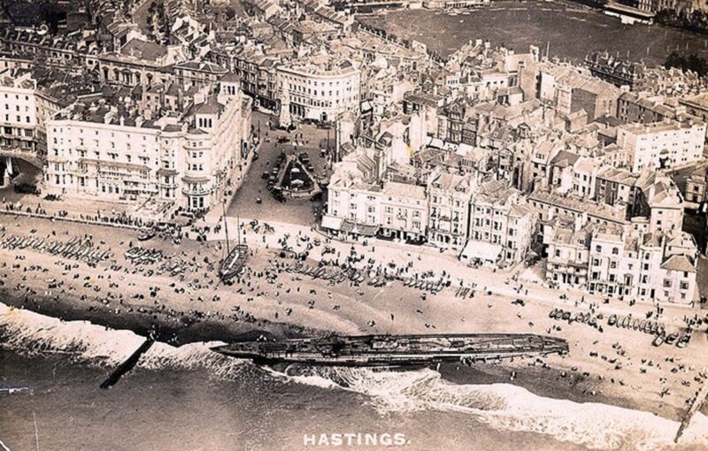 1919, A World War I submarine washed ashore on the beach in Hastings, Sussex, England