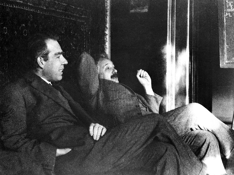 1925, Niels Bohr and Albert Einstein discussing quantum mechanics