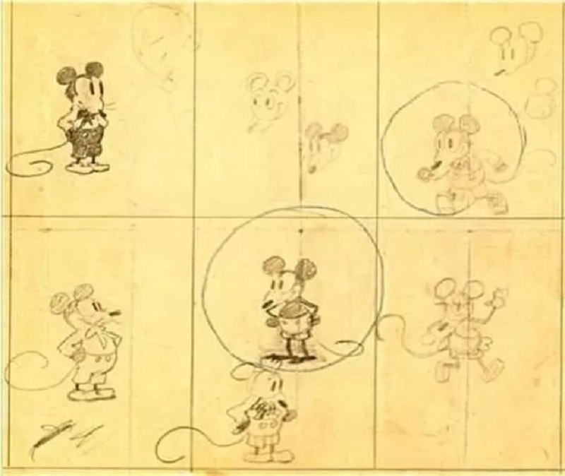 1928, Initial drawings of Mickey Mouse by Walt Disney