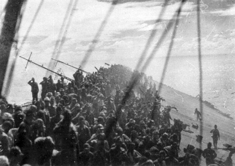 1944, Crew Of The Japanese Carrier Zuikaku Give One Final Banzai Cheer Before The Ship Sinks