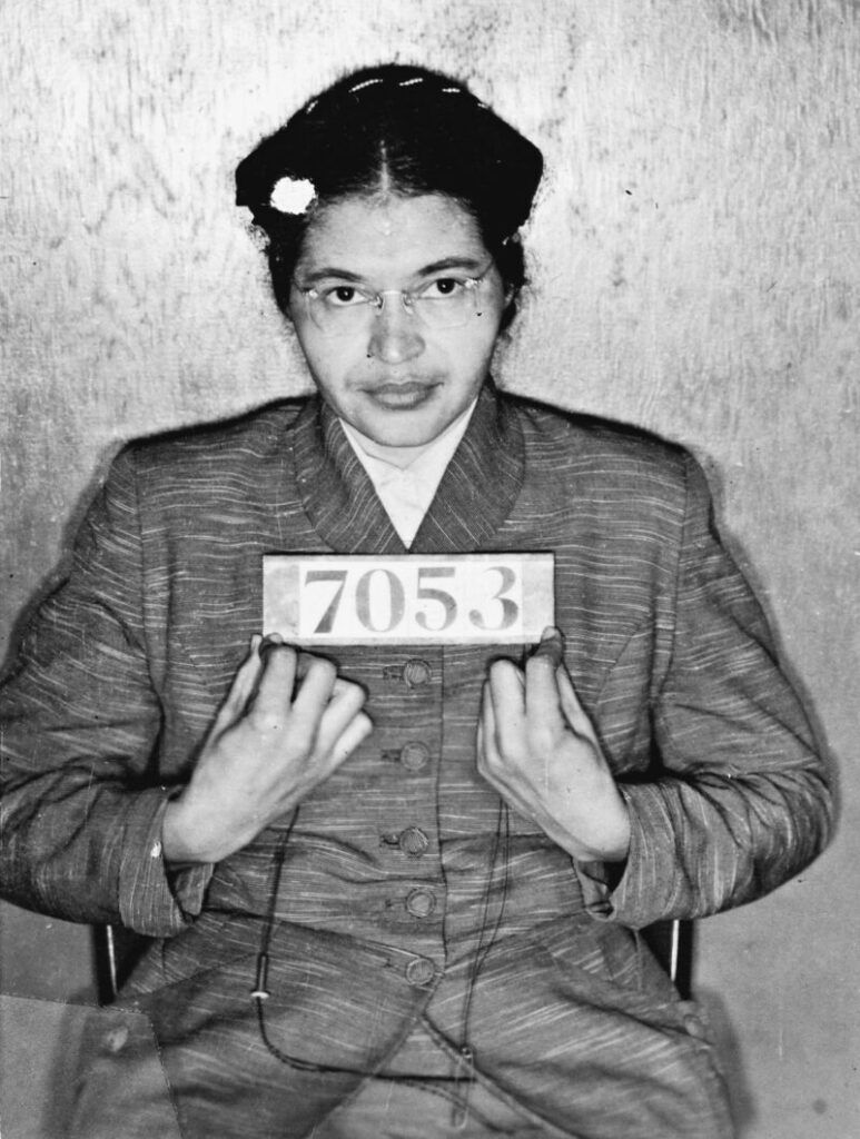 1955, Rosa Parks arrested for her role in the boycott of segregated buses in Montgomery, Alabama